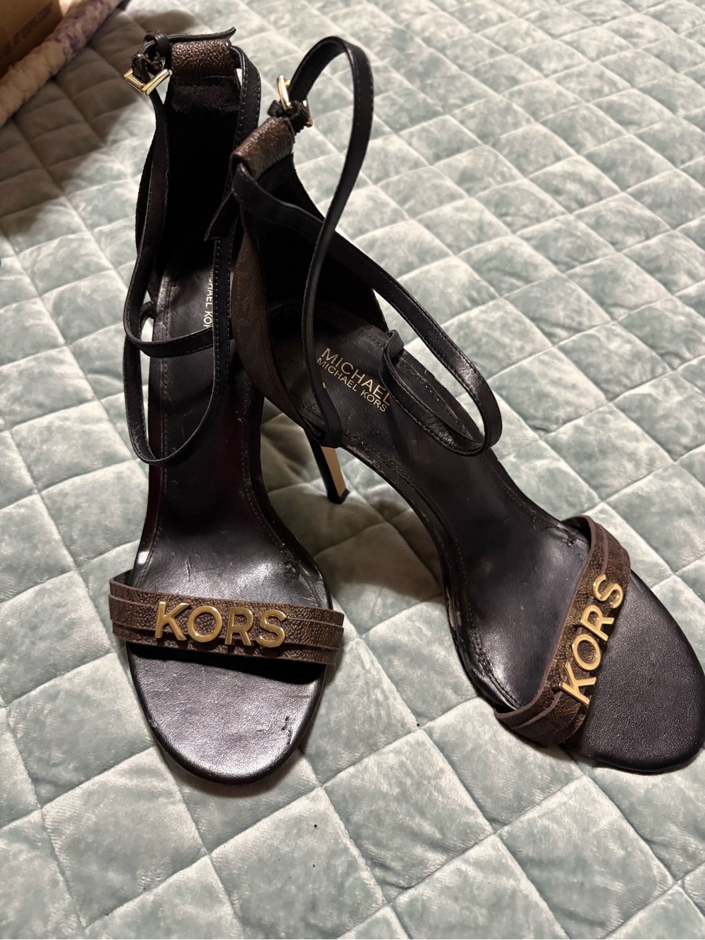 Michael Kors Black and Brown Logo Ankle-Strap Heels